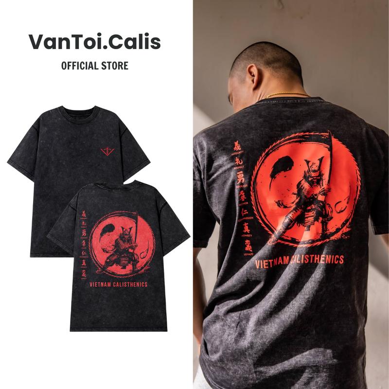 (Bản giới hạn) Áo Thun Calisthenics Chiến binh Samurai vải Wash oversize/Nam nữ unisex, Áo phông tập gym Menswear Shirt Cổ Tròn