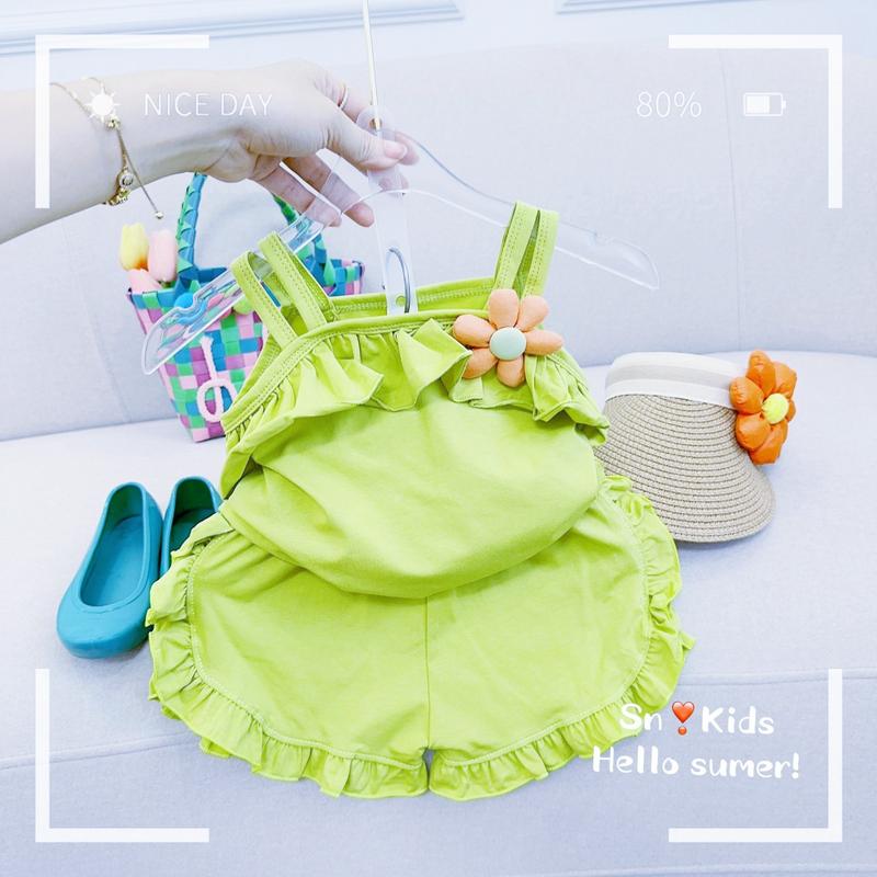 Bộ quần áo bé gái, bộ đồ cho bé 2 dây đính hoa xốp cho bé xinh