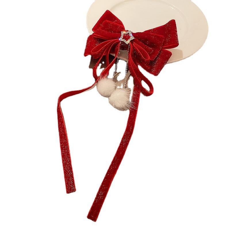 Product Introduction of Baby Costume Jewelry New Year's celebration red big bow gold velvet star hair clip hair accessory hair ball tassel headband top clip women autumn and winter 4