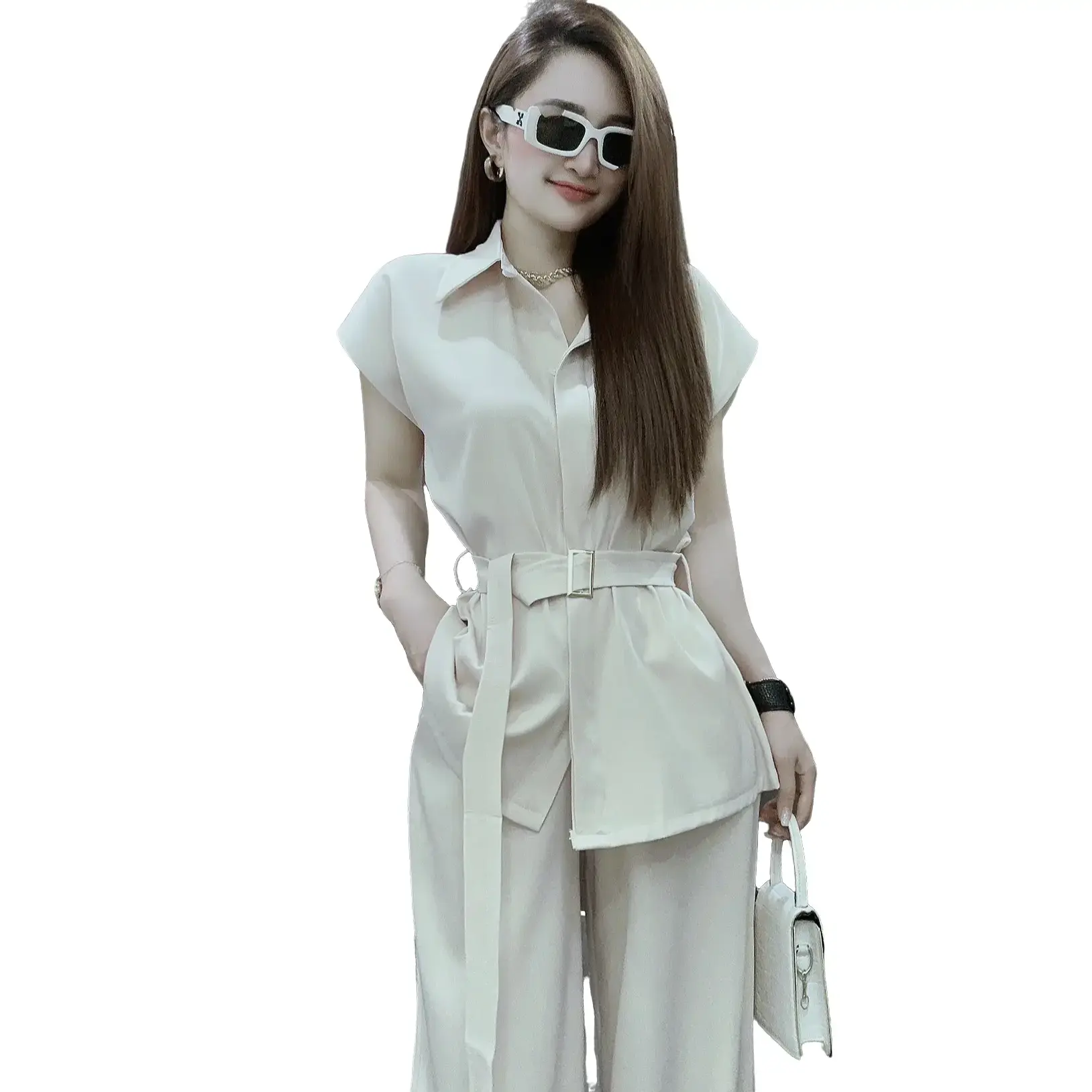 Socomo Bộ áo pelpum chéo đai vuông kèm quần suông B78 Top women   Kem Nhung Polo