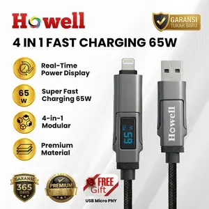 Howell Kabel Charger 4 in 1 Fast Charging 65W Power Multi Fungsi ( SUPPORT TRANSFER DATA ) - Support Semua Perangkat | USB TO TYPE C |  USB TO LIGHTNING |  TYPE C TO TYPE C |  TYPE C TO LIGHT | KABEL CAS
