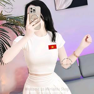 Áo Thun Croptop Thun Borip Form Basic Ôm Body In Hình Thêu Cờ Đỏ Sao Vàng, Kích Cở S M L, Áo Kỷ Niệm, Quốc Khánh 2/9, Áo Thun Việt Nam, Áo Thun Quê Hương