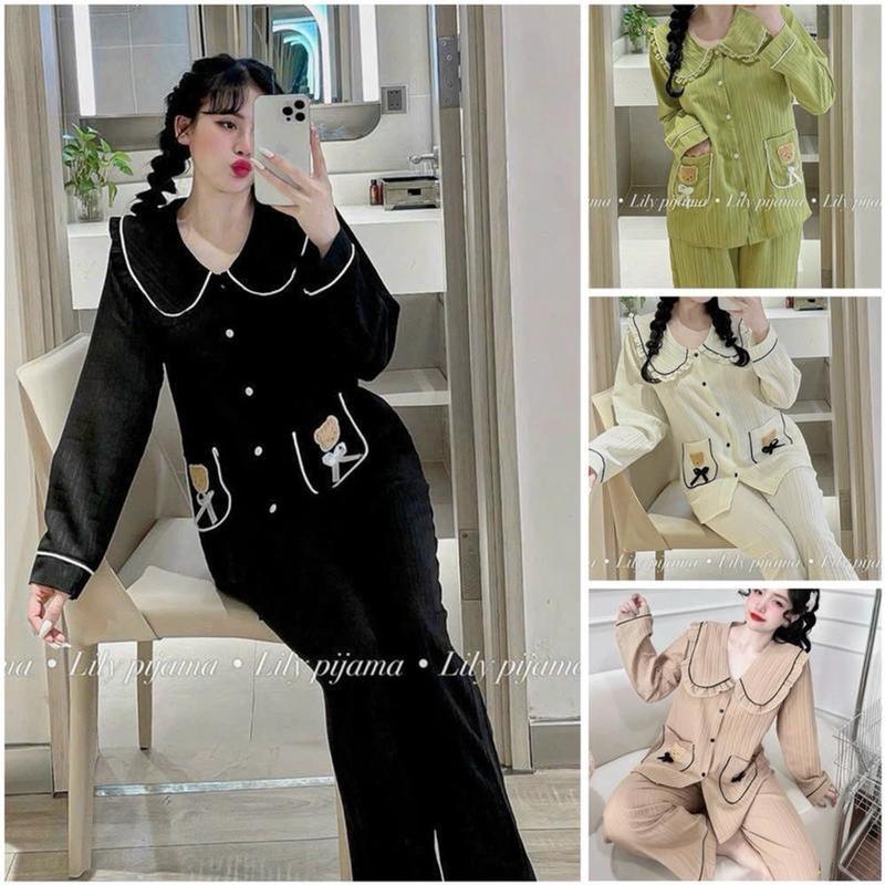Combo 2Bộ Pijama GẤU CỔ sen áo dài tay quần dài 0