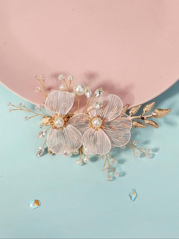 Handmade Flower Design Headwear,  Elegant Faux Pearl & Rhinestones Decorated Bridal Headwear for Wedding Party, Daily Clothing Decor, Trendy All-match & Exquisite Hair Accessories for Women & Girls 5