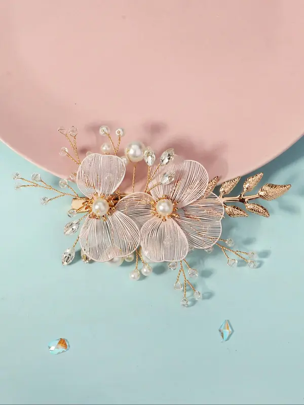 Handmade Flower Design Headwear,  Elegant Faux Pearl & Rhinestones Decorated Bridal Headwear for Wedding Party, Daily Clothing Decor, Trendy All-match & Exquisite Hair Accessories for Women & Girls 5