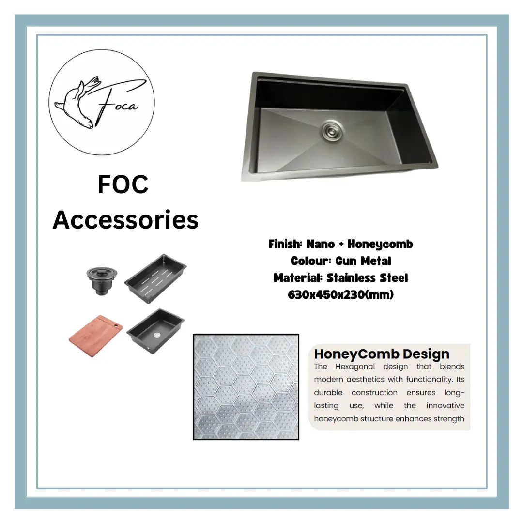 Foca Honeycomb with Nano Hexahive Gun Metal Stainless Steel Kitchen Sink 630mm