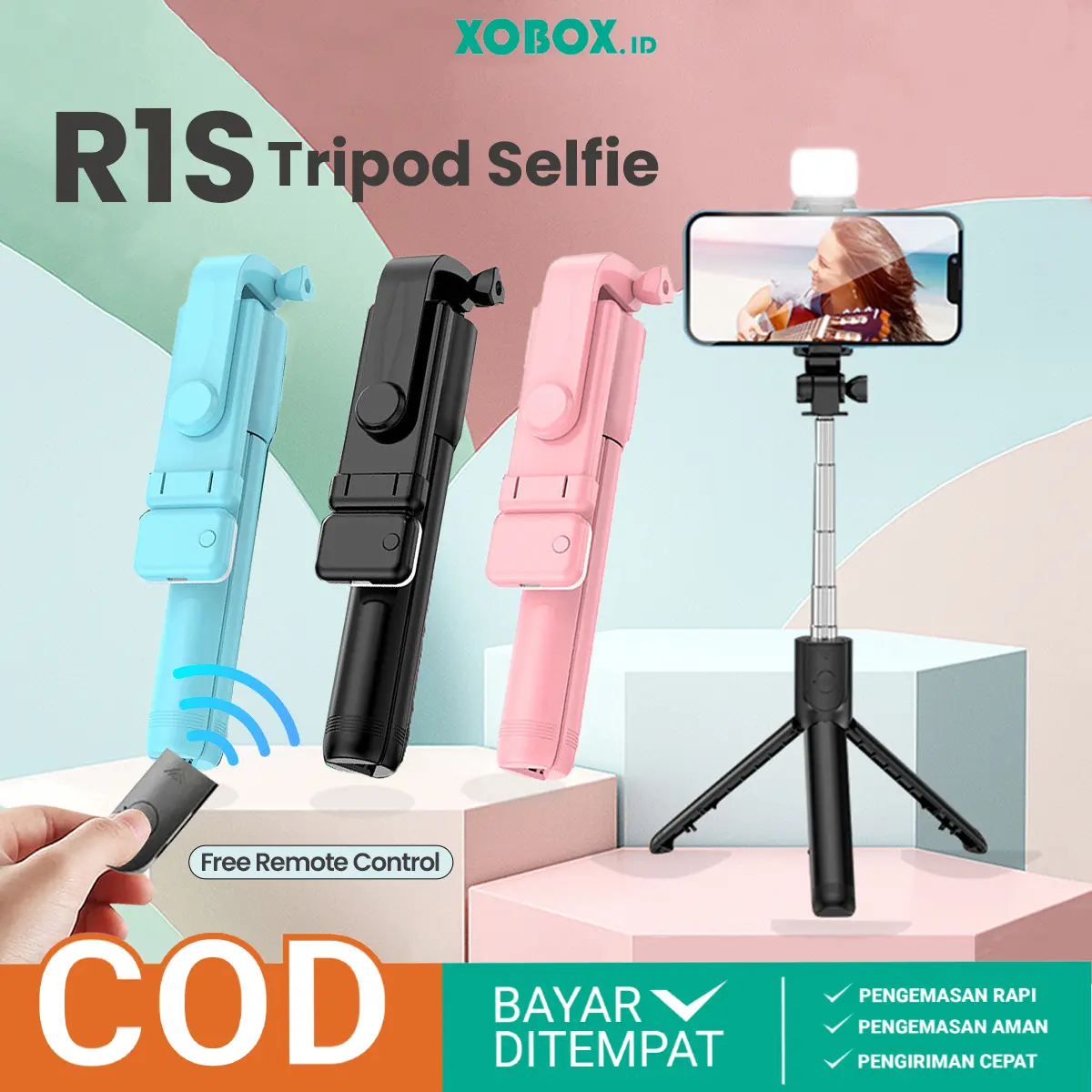 Tripod HP Holder Tongsis Ponsel R1S Dengan Lampu LED Flash Free Remote Bluetooth AH086 - XOBOX