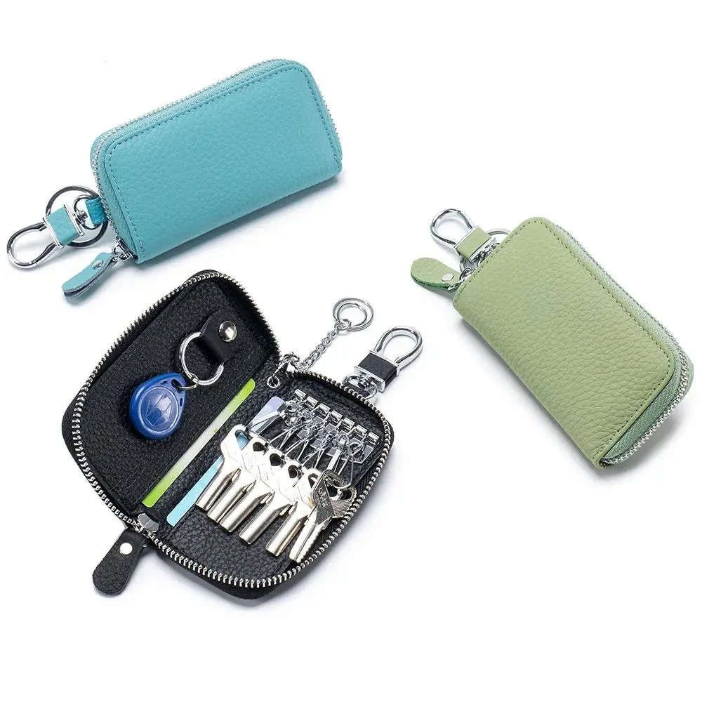 Genuine Leather Men Women Key Holder Organizer Pouch Cow Split Car Key Access Card Wallet Housekeeper Key Case Mini Card Bag