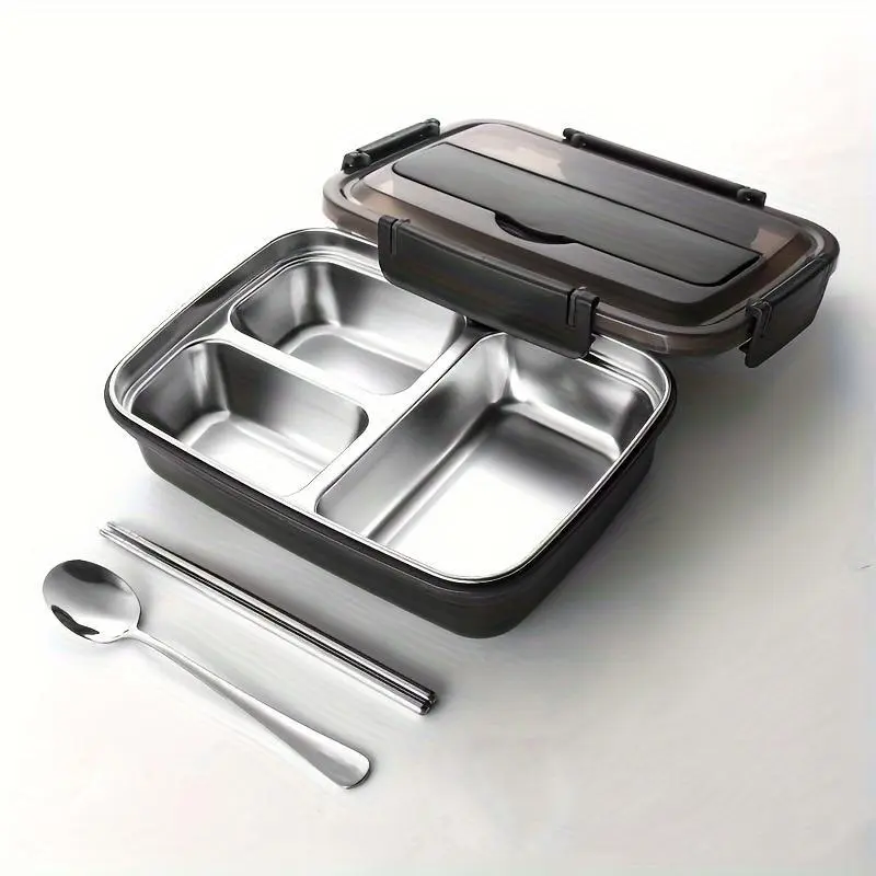Stainless Steel Lunch Box with Spoon & Chopsticks, 1 Count 3-grid/4-grid Lunch Box with Lid, Portable Bento Box for Students & Office Staff, Meal Prep Containers