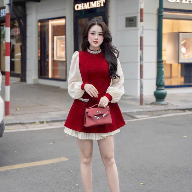 Váy nữ Váy Thiết Kế Đính Đá Ngọc Đầm Viền Cổ Tà Váy Phối Xếp Ly Tơ Óng Tiểu Thư Màu Đen Nhung Sang Chảnh 1
