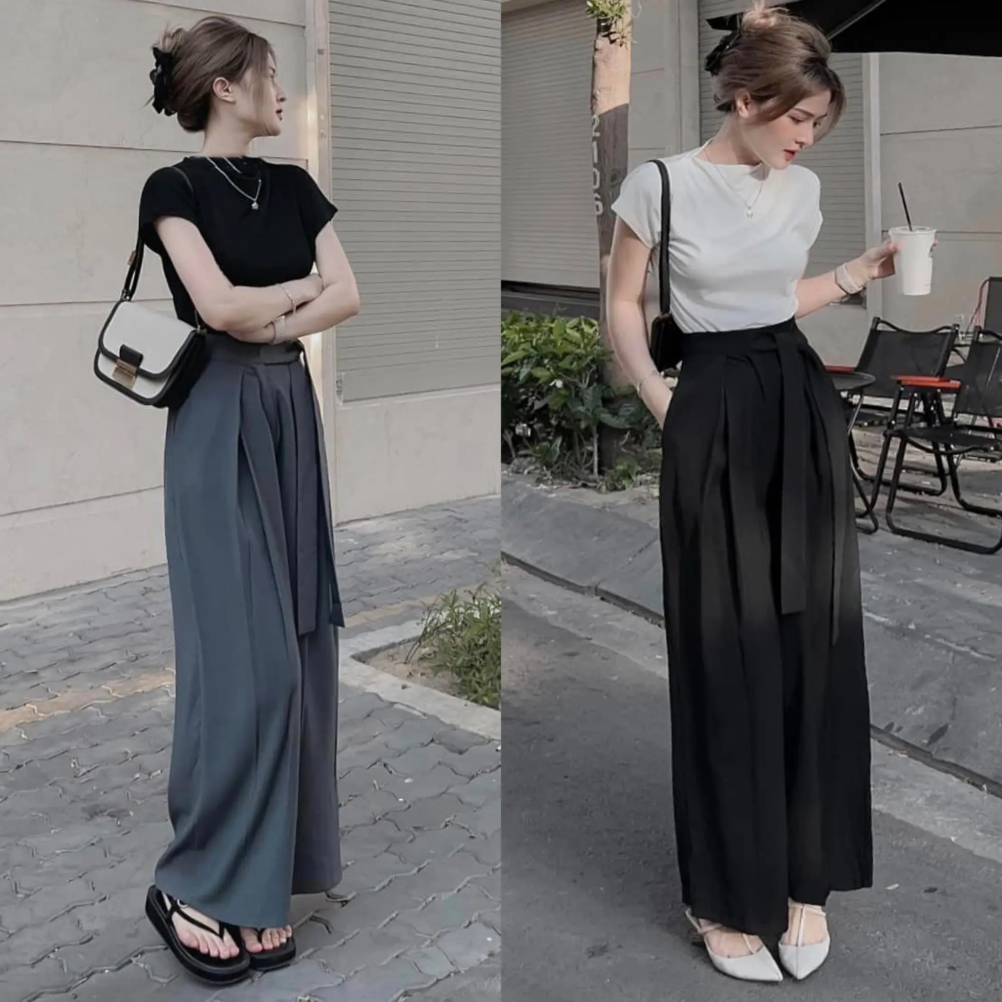 Set bộ thiết kế xám đen trắng áo tăm lạnh tay rơi quần ống rộng thăt nơ đồ bộ nữ xuân hè Top Kem Women
