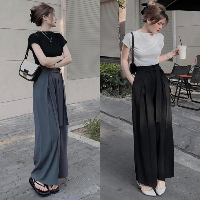 Set bộ thiết kế xám đen trắng áo tăm lạnh tay rơi quần ống rộng thăt nơ đồ bộ nữ xuân hè Top Kem Women