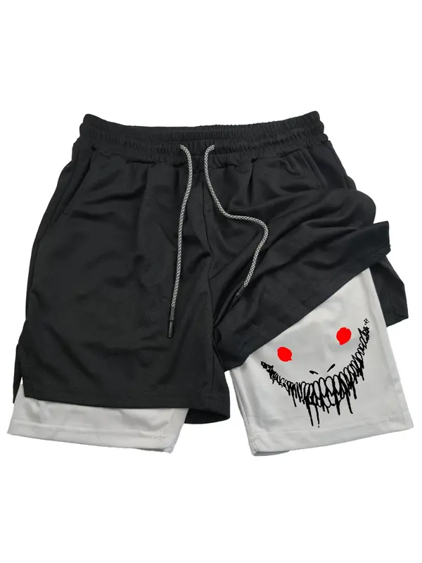 Men's Creepy Smile Face Print 2 in 1 Double Layer Drawstring Waist Gym Shorts, Casual Comfortable Breathable Quick Drying Pocket Shorts for Summer, Men's Bottoms for Workout Fitness Running 1