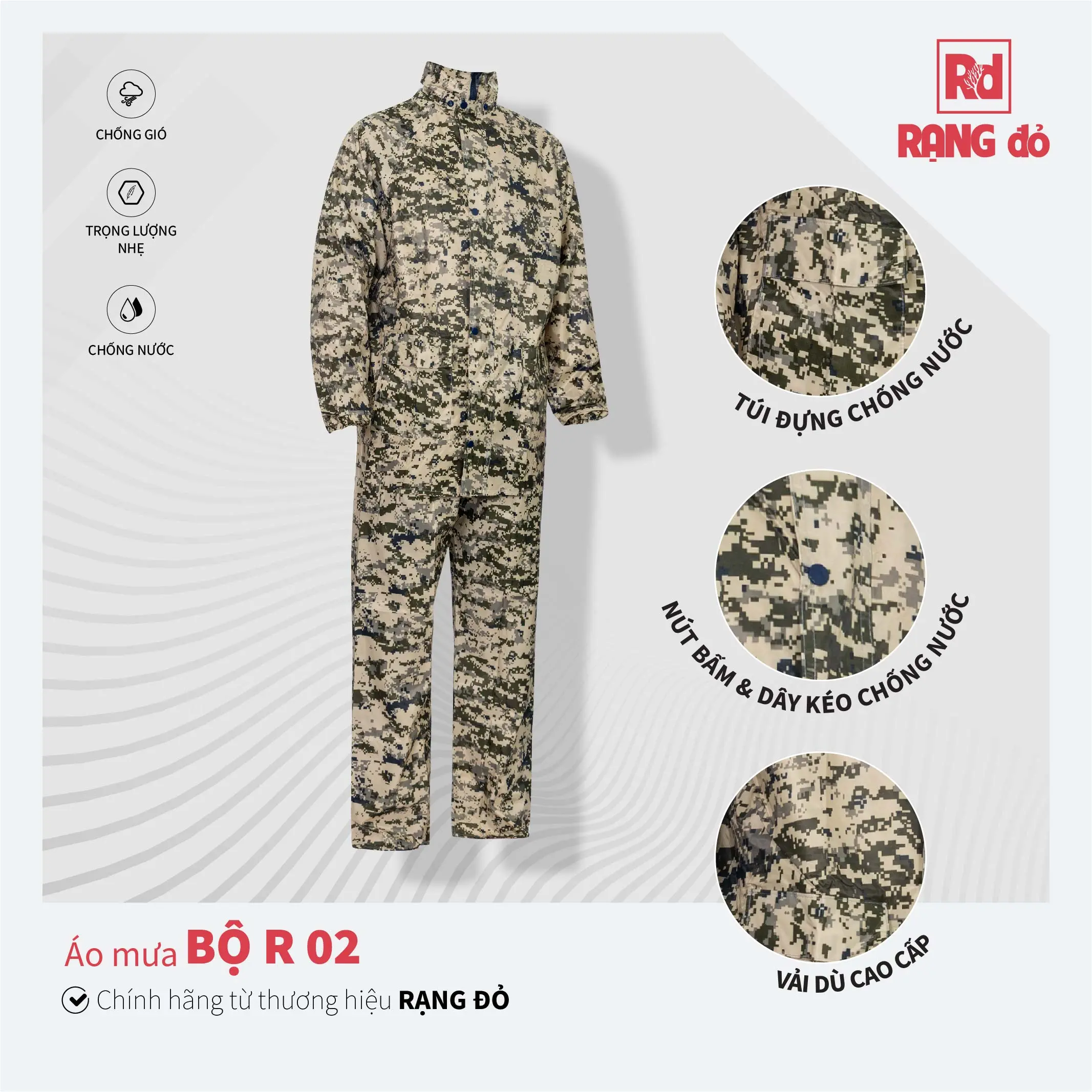 Áo Mưa Bộ Họa Tiết Rằn Ri Vải Dù Chống Thấm Tuyệt Đối Rạng Đỏ - Hàng Cty Cao Cấp