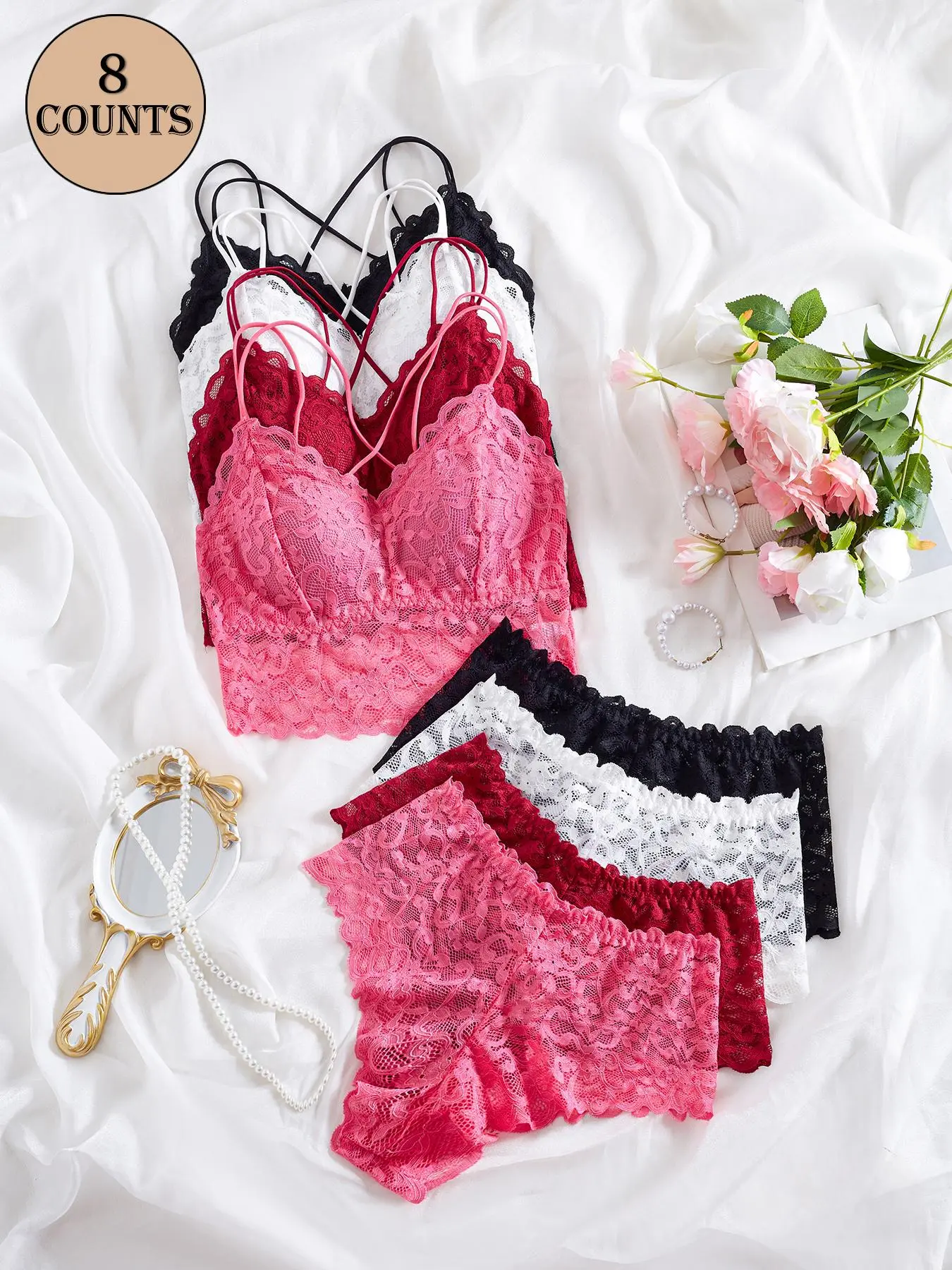 【Plus Size】 Floral Lace Criss Cross Bra & Boxers Set, Elegant Comfy Breathable Wireless Bra & Boxers Set, Women's Underwear Set for Daily Wear