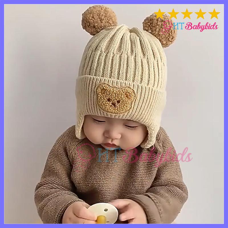 Mũ Nón Len Bịt Tai Mùa Đông Cho Bé Đính Hình Gấu Tai Bông Dễ Thương