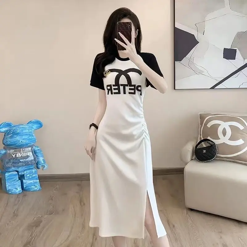Waist-Tight Dress Women's Summer 2024 New Classic Style Dress Slim Mid-Length over-the-Knee French T-shirt Skirt