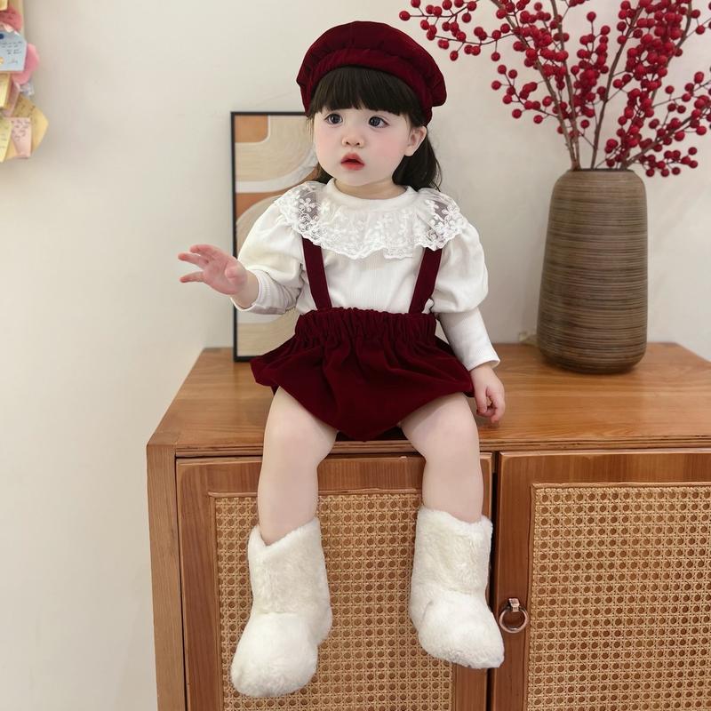 Body Yếm Nhung Đỏ Áo Trắng Tay Phồng Kèm Mũ Nồi Style Hàn Cho Bé 3-10kg