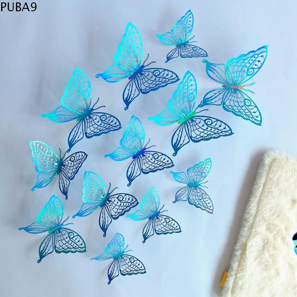12pcs/set Laminated Colorful Hollow Butterfly Sticker Exquisite DIY 3D Butterfly Wall Decor Cartoon Paper Simulation Butterfly Ornaments Birthday Party