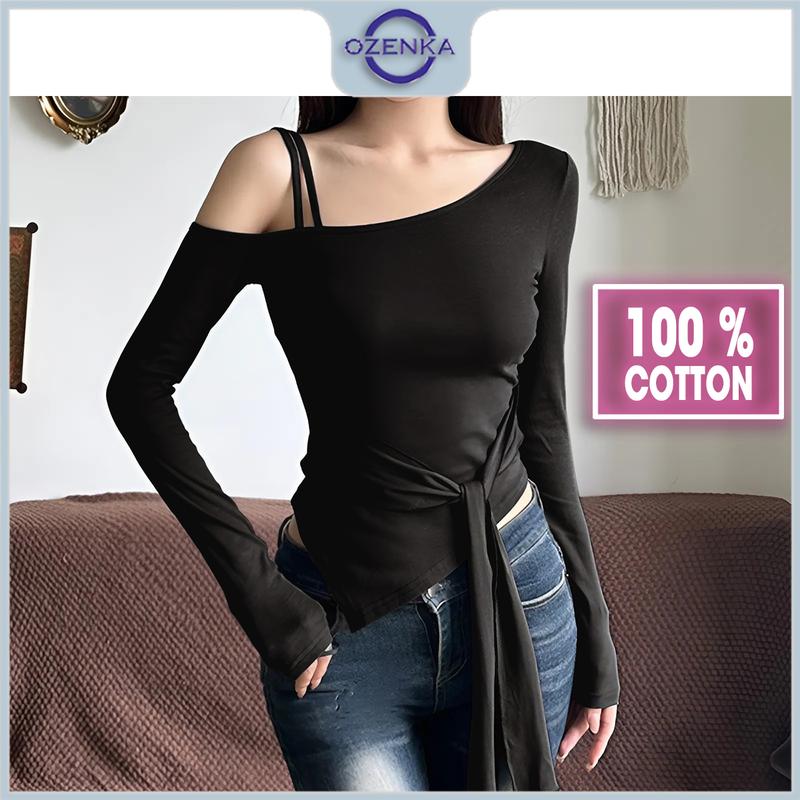 Áo croptop trễ vai tay dài vạt nhọn cột eo ôm nữ ozenka , áo crt kiểu hở vai sang chảnh thun cotton đen trắng Women Shirt