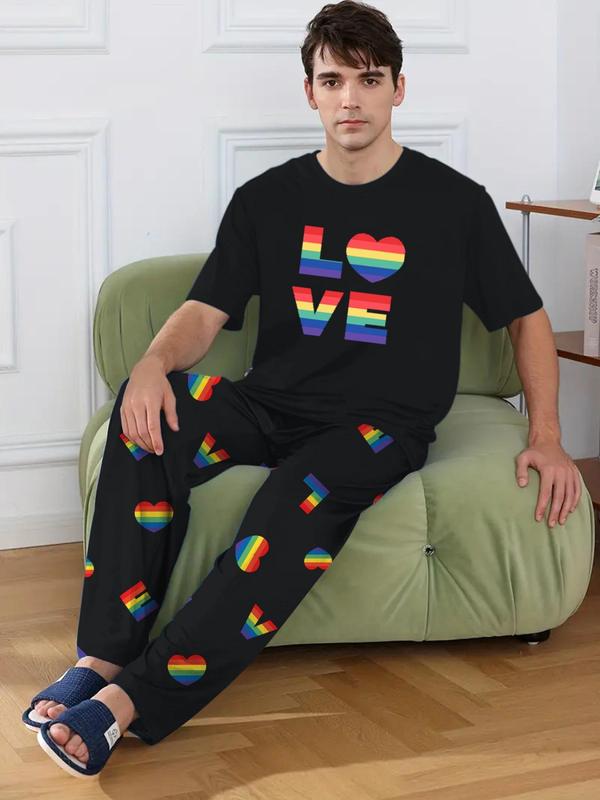 LGBTQ+ Men's 2pcs Heart Print Tee & Letter Print PJ Pants Loungewear Set, Summer Clothes, Round Neck Short Sleeve T-Shirt & Trousers PJ Set, Menswear, Men's Sleepwear Homewear For Summer 2