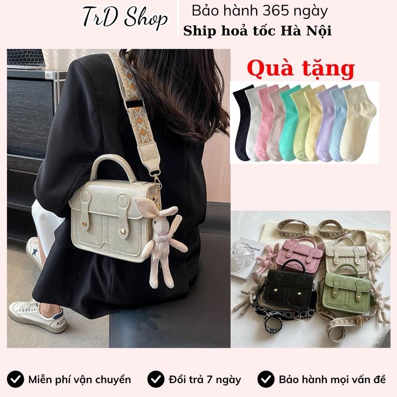  Túi đeo chéo dáng cặp sách kèm sẵn móc khóa thỏ to phong cách retro Hàn Quốc Bag nữ Kem 