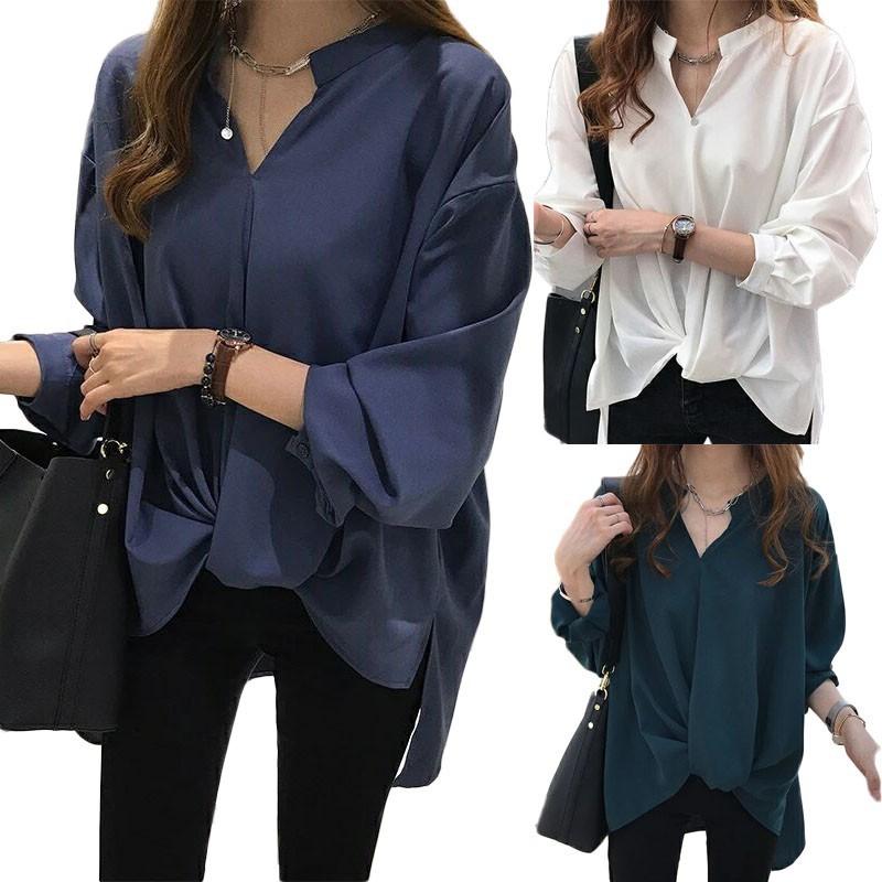 M-4XL Korean Style Plus Size v-neck shirt for Women casual Long Sleeve loose blouse top Clothing Baggy 0