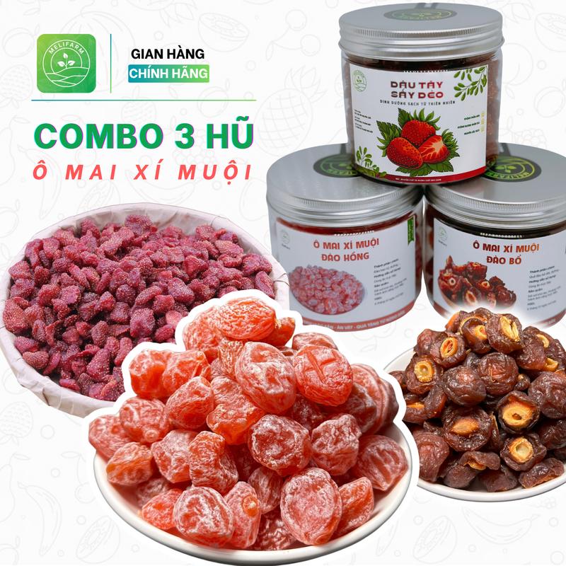 Combo Ăn Vặt 3 hũ Dâu Tây Sấy, Ô Mai Xí Muội Đào Hồng, Ô Mai Xí Muội Đào Nâu, Ô mai đào gói tuổi thơ