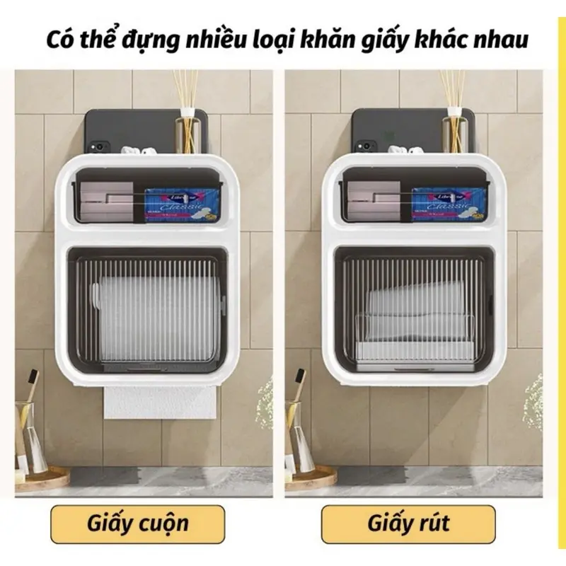 Hộp Đựng Giấy Vệ Sinh 2 Tầng Có Ngăn Kéo Gắn Tường. Kệ Đựng Đồ Nhà Tắm Toilet Đa Năng Ngăn Nước Kèm Miếng Dán Dính Tường 0
