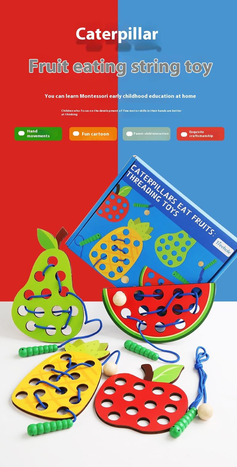 Product Introduction of Wooden Fruit Threading Board Toy Kindergarten Area Put Montessori Early Education String Game 1