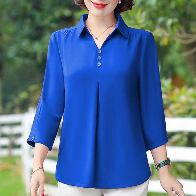 Bqudyzy-Áo Mùa Hè Cho Mẹ, Cổ Áo Rẽ Xuống, Nút Màu Trơn, Tay Áo Ba Phần Tư, Áo Chui Đầu, Quần Phù Hợp, Áo Phông Trung Niên Thường Ngày Cộng Với Kích Thướ, Quần Áo Mùa Xuân Cho Nữ 6