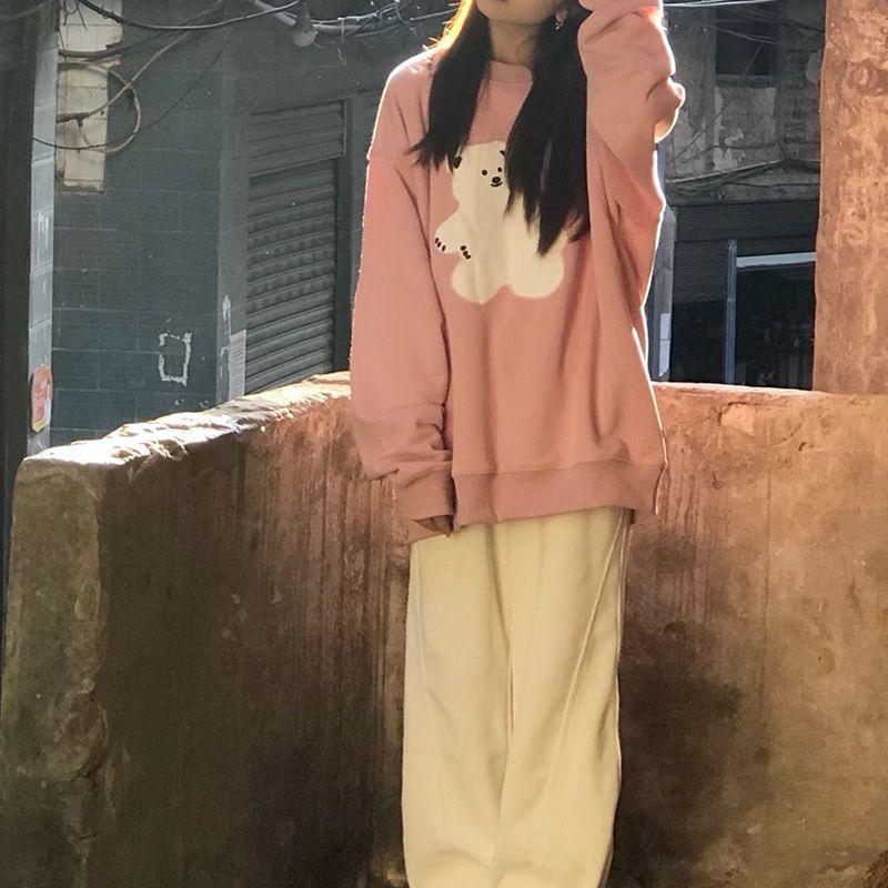 Áo Hoodie Chải Cổ Tròn, Màu Hồng Dễ Thương Hợp Xu hướng Dành Cho Nữ, Thích Hợp Cho Mùa Thu Và Mùa Đông, Phong Cách Hàn Quốc, Dáng Rộng Vừa Vặn, Thích Hợp Cho Học Sinh, Phong Cách Thường Ngày Áo Dễ Phối Đồ Thời Trang 4