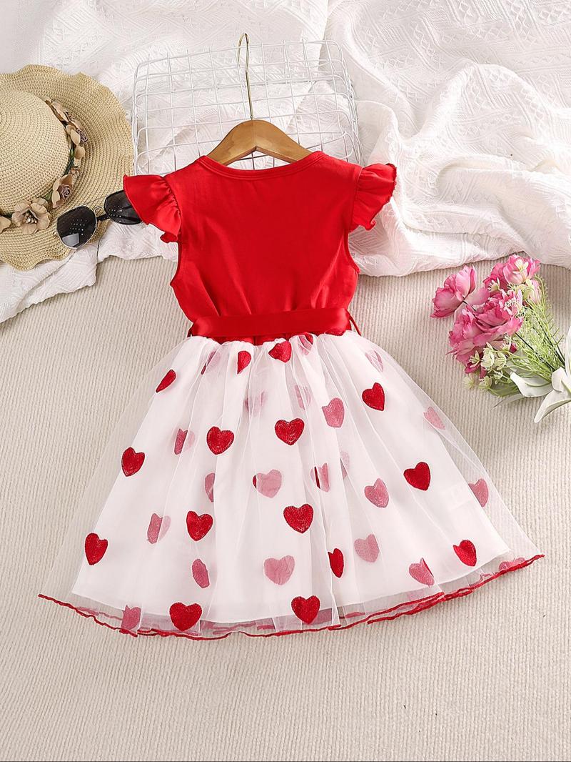 Product Introduction of Girl's Heart Print Bow Front Lettuce Trim Knee Length Dress, Cute Butterfly Cap Sleeve Ruffle A Line Dress for Party Holiday Wedding Guest, Kids Summer Clothes 2