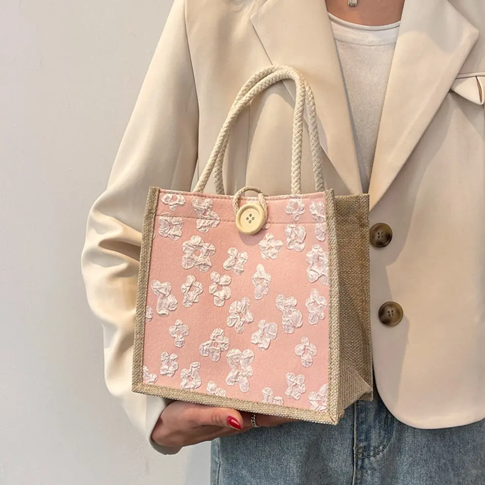 Portable Zipper Flower Linen Bag Button Lunch Bag Love Heart Tote Bag Gift Bag Organizer Linen Handbag Picnic