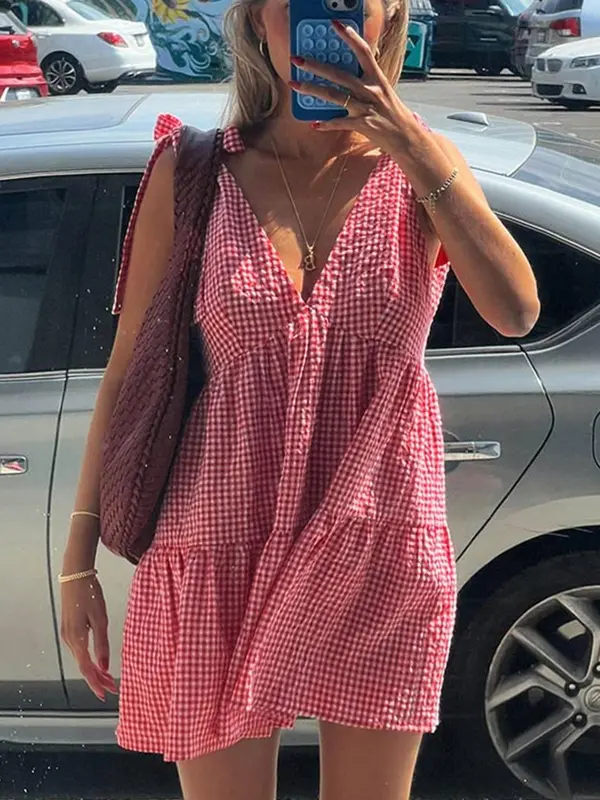 Women's Plaid Print Bow Decor Tie Shoulder Sleeveless Dress, Casual Fashion Gingham Dress for Daily Holiday Vacation Wear, Ladies Dress for Summer, Going Out Dresses, Womenswear, Casual Classy Dress, 3