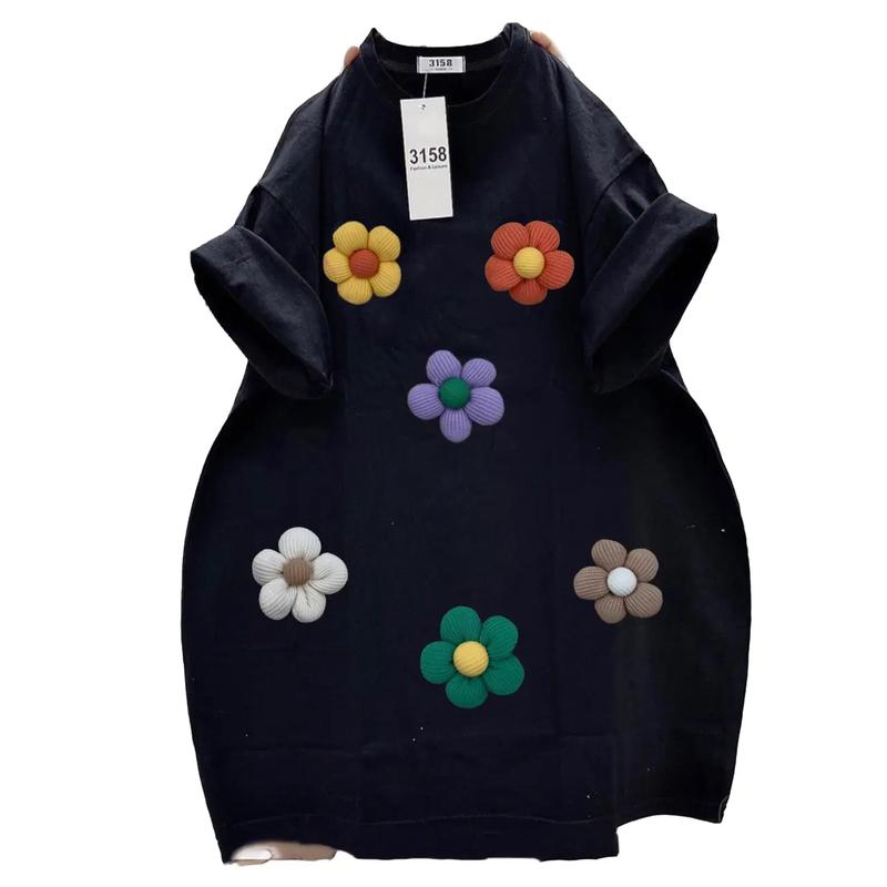 Áo phông 3158 cotton khô- Nhiều Bông Hoa thêu đáp, cổ tròn, form rộng từ 40-75kg Menswear Nam Top Áo Thun Voi Nhung Đen