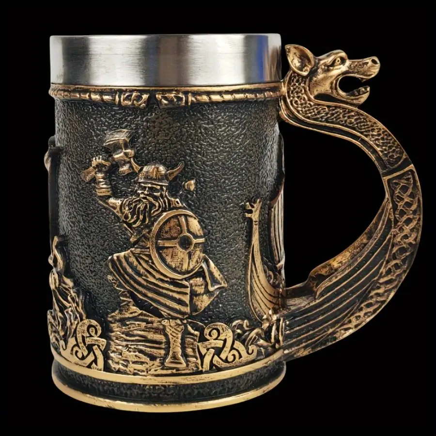 Viking Warrior Pattern Mug, Stainless Steel Liner Coffee Mug, Beer Mug, Drinking Cup for Home Office Use, Gift for Men