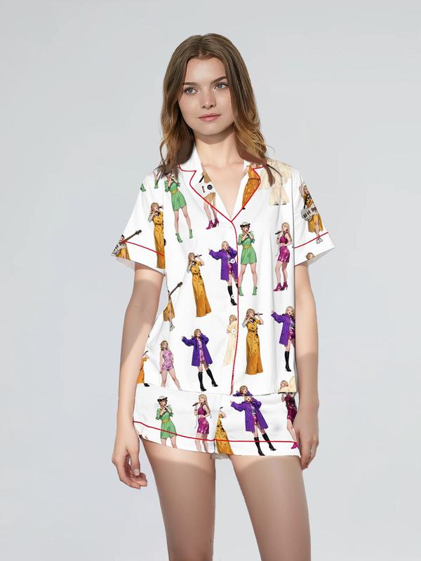 Women's All Over Print Short Sleeve Satin Pajama Two-piece Set, Elegant Casual Comfy Button Front Lapel Neck Top & Elastic Waist Shorts PJ Set, Ladies Sleepwear for Summer 6