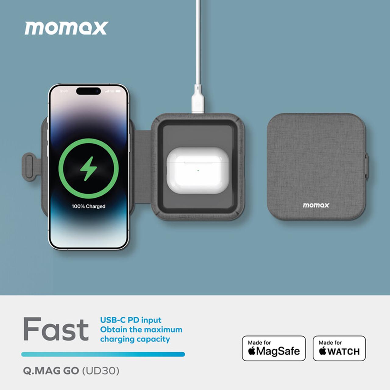 Wireless Charger Momax Q.Mag Go 20W MagSafe MFi 2 in 1 Fast Charging