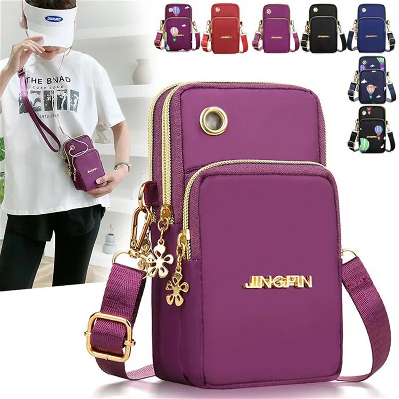 Beg Bahu Telefon Selempang Wanita, Bahan Nilon Kalis Air, Poket Kecil, Sarung, dengan Tali Pinggang, Dompet