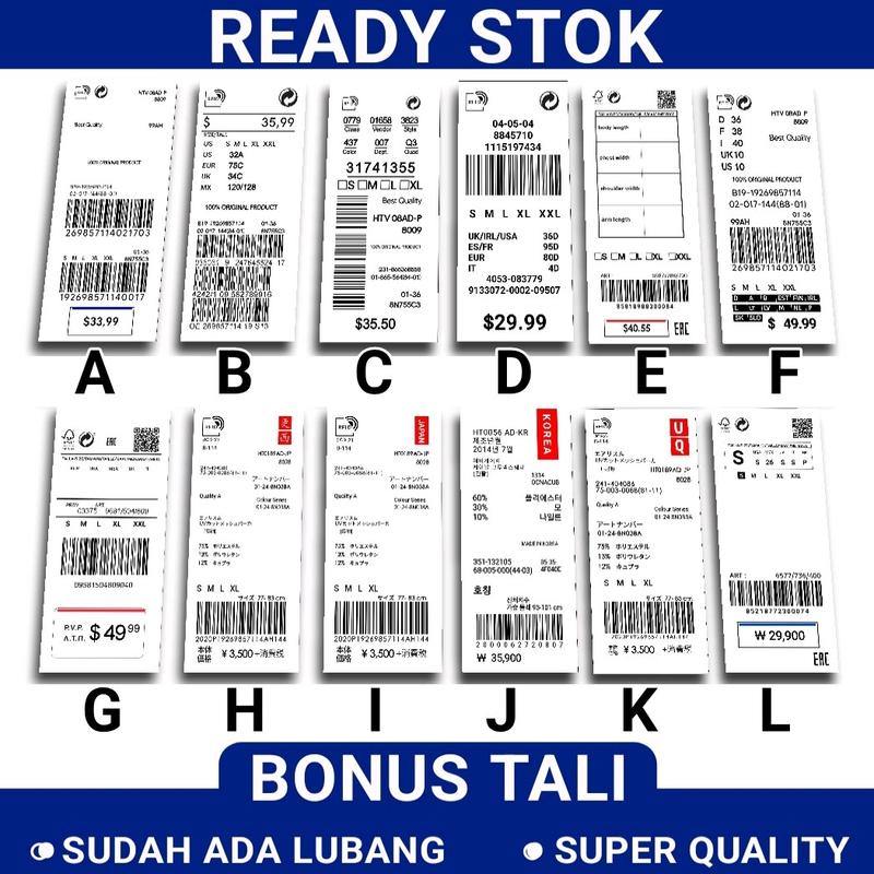 Hangtag label baju bonus tali 3x7 cm isi 100 pcs. Hang tag hantag handtag price tag lebel baju merek pakaian merk baju  label baju import label barcode lebel harga hanstag hentek henteg 0