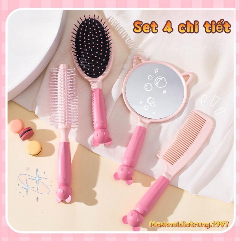 Set 4 Chi Tiết Gương Lược Tay Cầm Hình Chuột / Thỏ Lược Gỡ Rối Tạo Kiểu