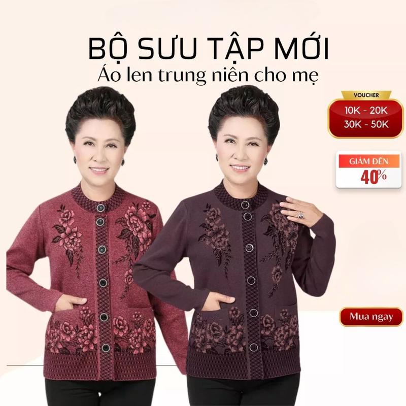 ÁO LEN CÀI CÚC người già trung niên cho mẹ cho bà len k cổ Nữ Top
