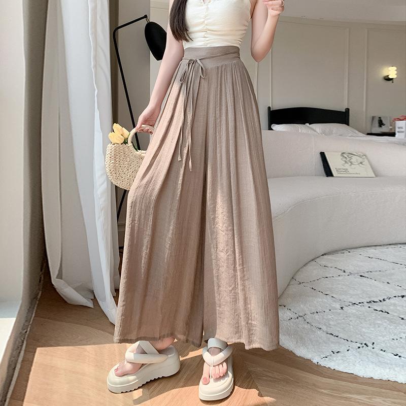 Quần ống rộng nữ vải đũi tơ mềm mướt ullazang cạp chun sau buộc dây sang trọng. Pants Voan 4