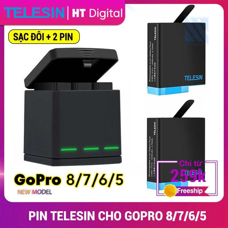 Combo sạc 3 + 2 pin Telesin cho Gopro Hero 5 Hero 6 Hero 7 Hero 8 Full chức năng