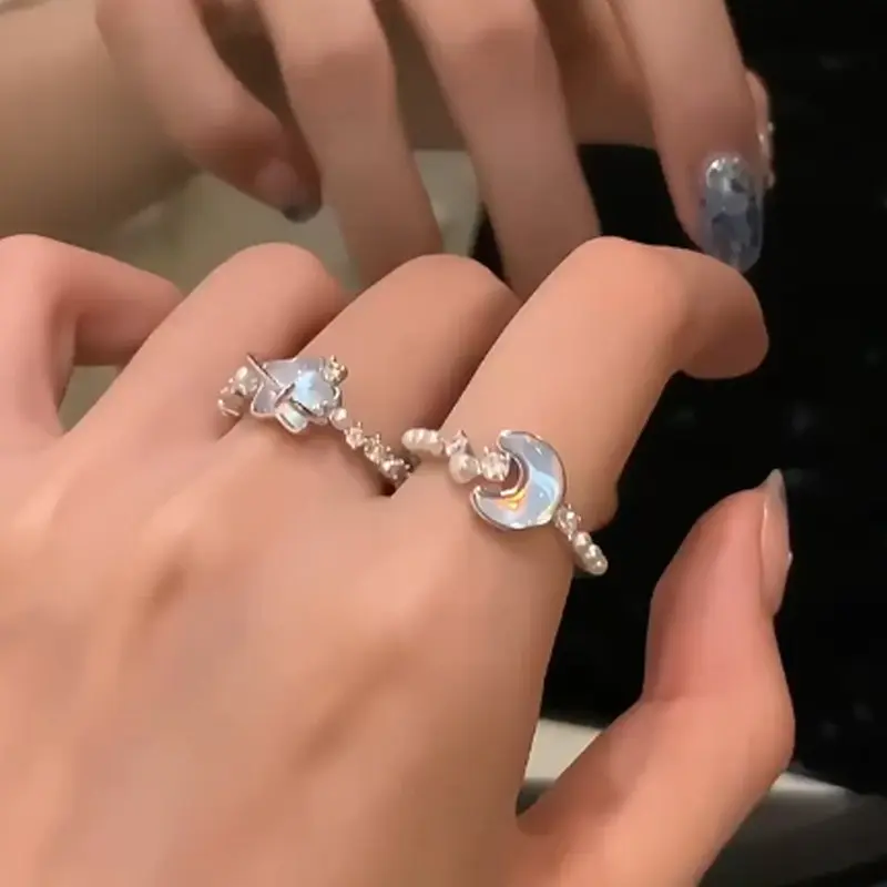 Glacier Blue Star Moon Ring 2024 New Niche Design High-end Adjustable Index Finger Ring for Women