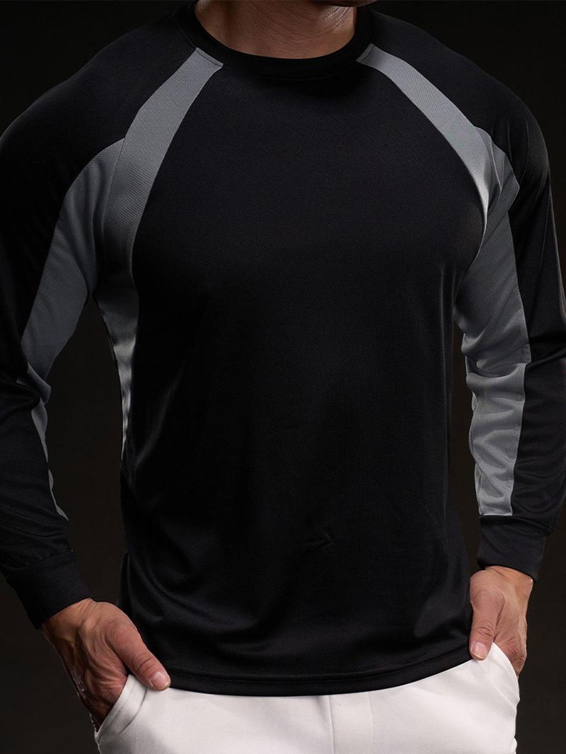 Product Introduction of Men's Colorblock Long Sleeve Ice Silk Tee, Regular Fit Casual Round Neck Quick Drying T-shirt for Daily Wear, Men's Top for All Seasons 2