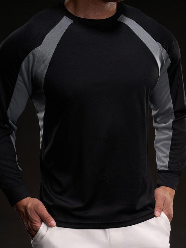 Men's Colorblock Long Sleeve Ice Silk Tee, Regular Fit Casual Round Neck Quick Drying T-shirt for Daily Wear, Men's Top for All Seasons 1