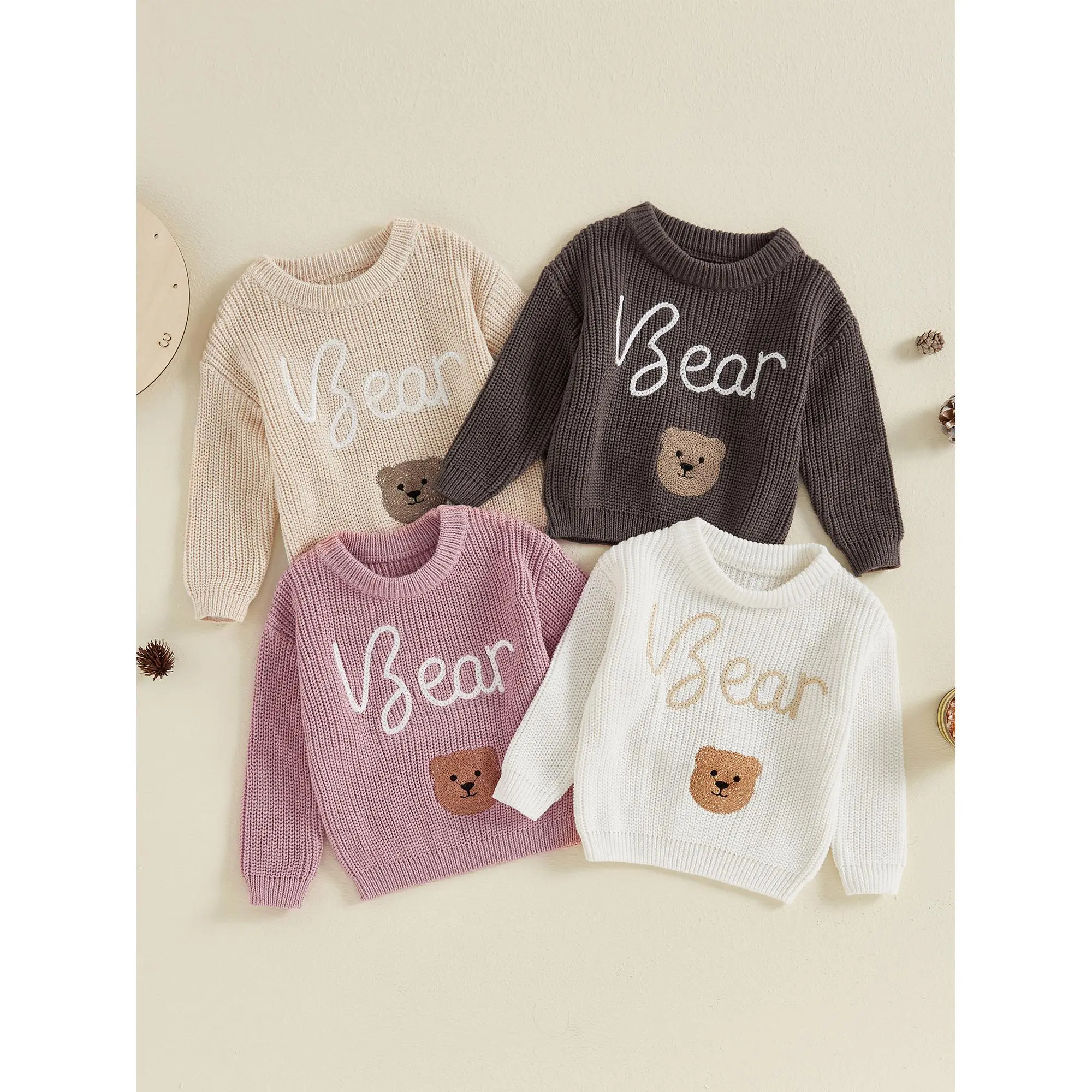 Baby Boy Girl Sweater Casual Bear Letter Embroidery Warm Knitted Long Sleeve Pullover Infant Knitwear for Toddler