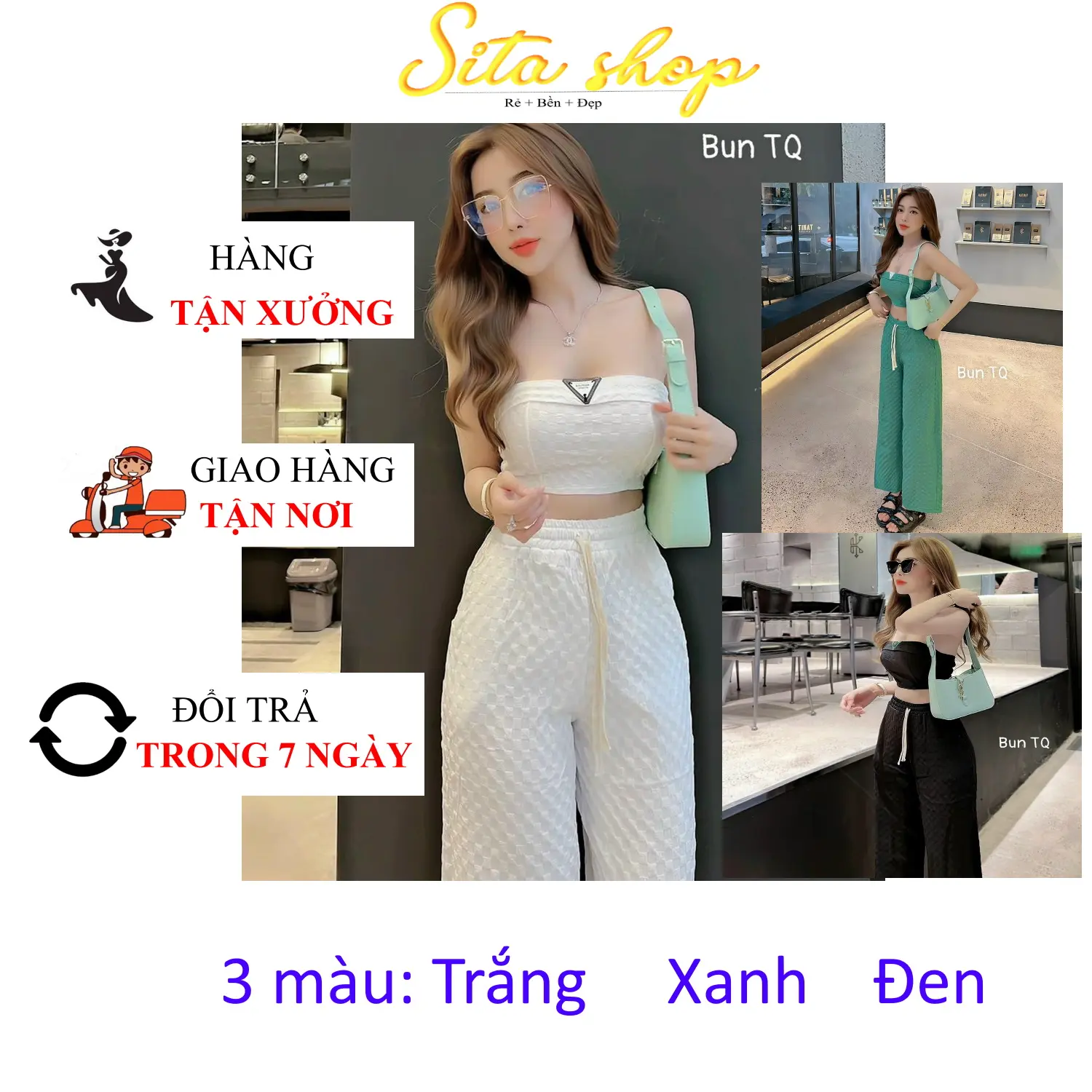 Set đi chơi áo croptop và quần ống rộng vải nổi phối phụ kiện sang trọng km20 Nữ Jean